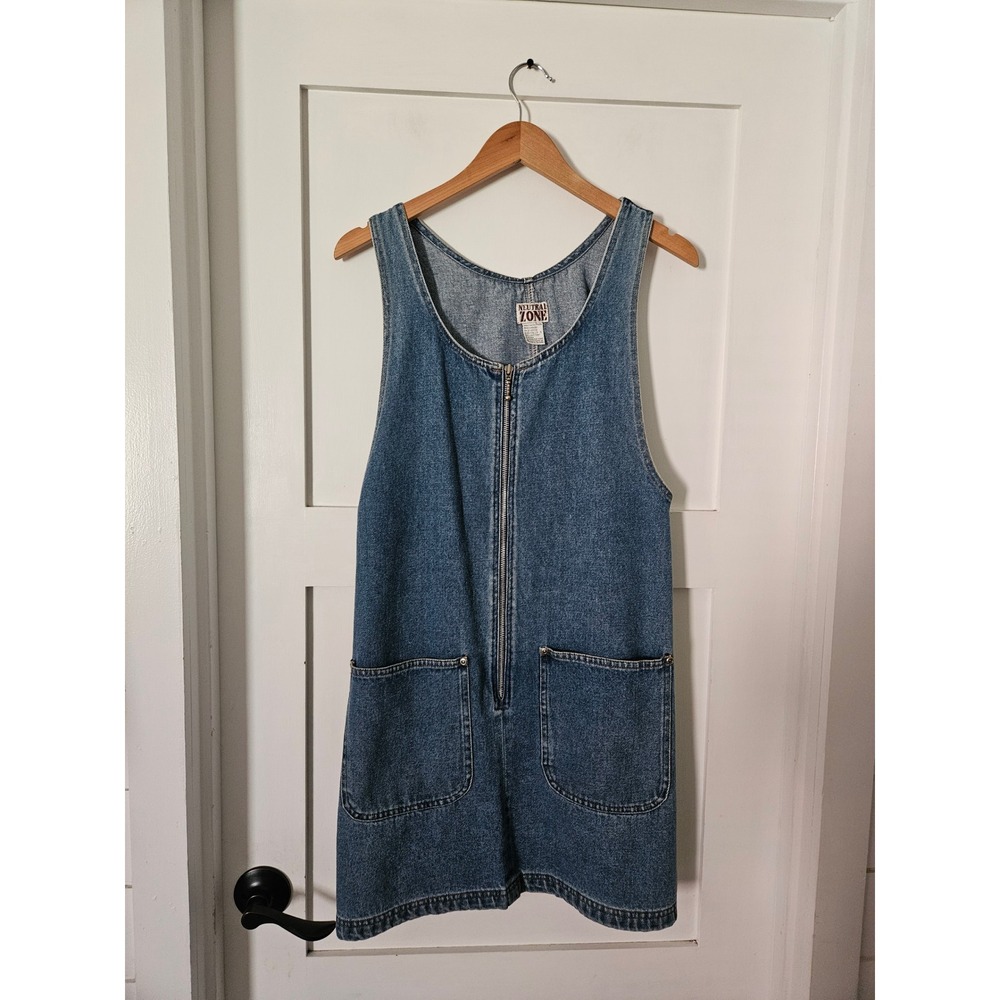 Vintage Neutral Zone Denim Zip Front Jumper Dress Size 28 Utility Pockets